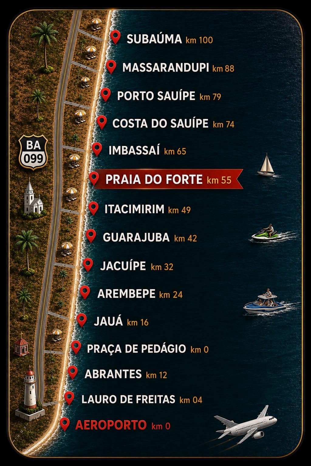 Mapa da rota BA-099 com as distâncias entre o aeroporto e cada destino do litoral norte