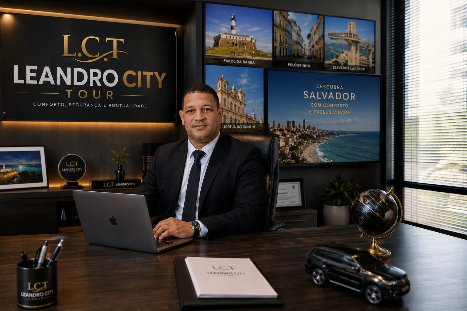 Leandro, fundador da Leandro City Tour, em seu escritório