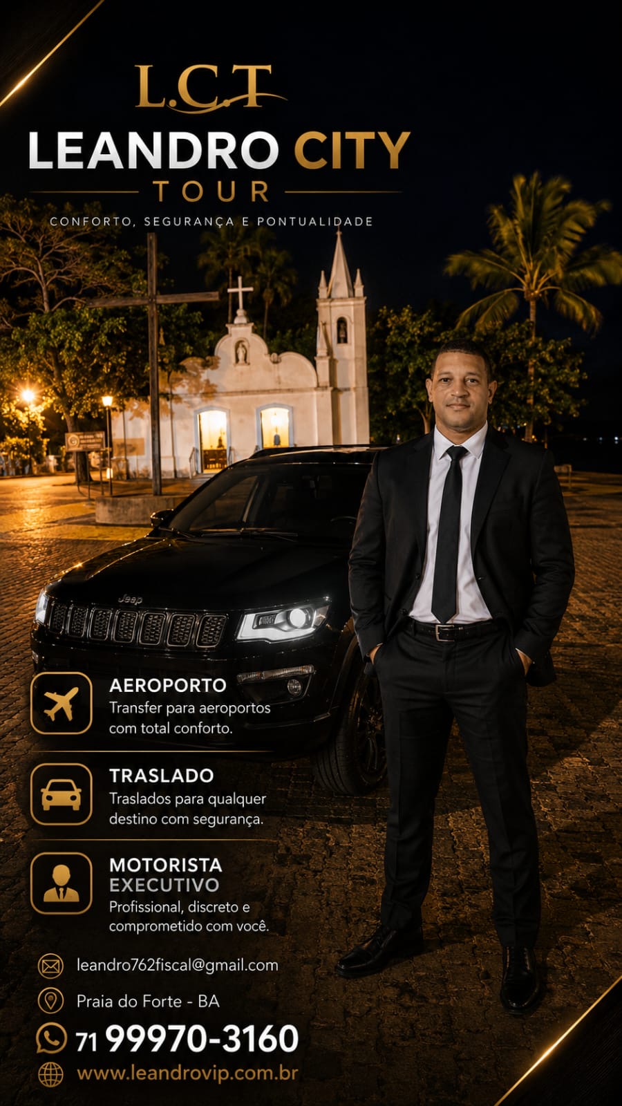 Motorista executivo da L.C.T ao lado do Jeep Compass preto