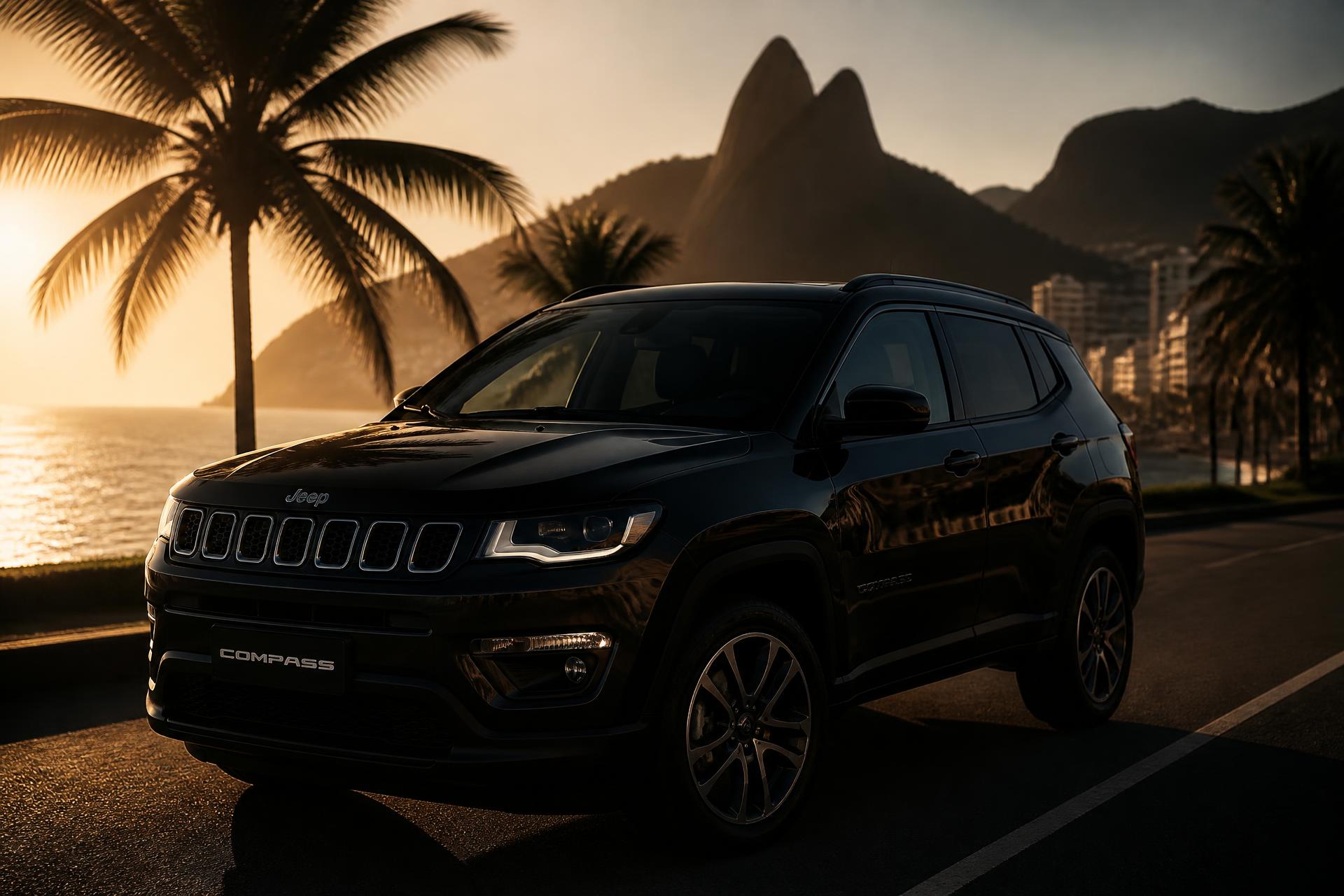 Jeep Compass preto executivo ao pôr do sol